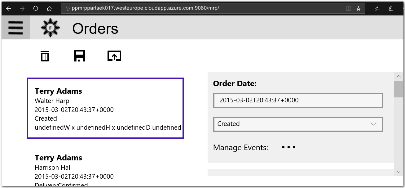 Screenshot of the PU MRP app Orders webpage at http://partsmrpnodeek01.westeurope.cloudapp.azure.com:9080/mrp, inside the Microsoft Edge web browser. The image illustrates how to view the PU MRP app Orders webpagein a web browser to verify that the sub-pages withing the PU MRP app are running correctly.